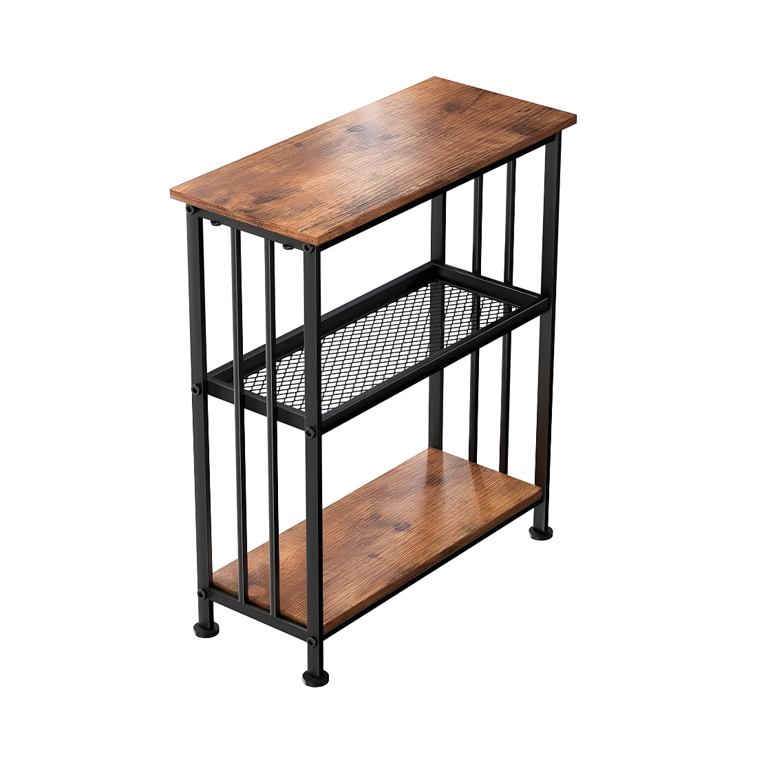 Metal Stand in Black Finish and Powder Coating with Brown Wooden Top and Bottom