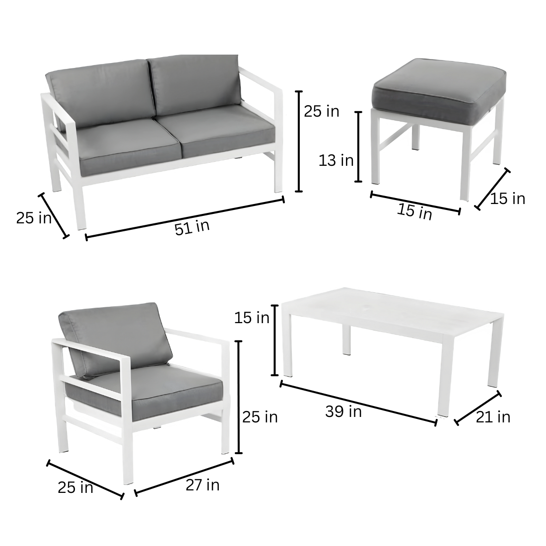 White Kaia Sofa Set with Grey Cushion - 6 Seater Sofa Set with Table and 2 Ottoman Stool