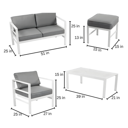 White Kaia Sofa Set with Grey Cushion - 6 Seater Sofa Set with Table and 2 Ottoman Stool