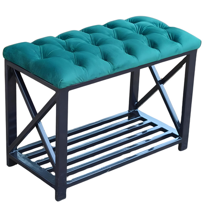 Zion Designer Black Ottoman Metal Bench with Blue Cushion