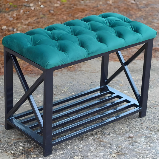 Zion Designer Black Ottoman Metal Bench with Blue Cushion