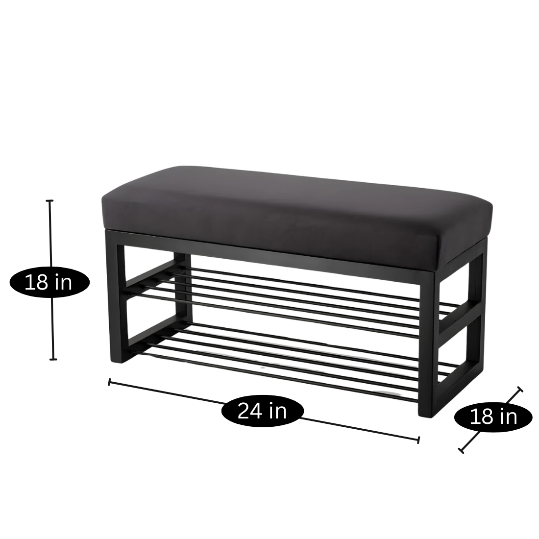 Piper Designer Black Ottoman Metal Bench with Black Cushion