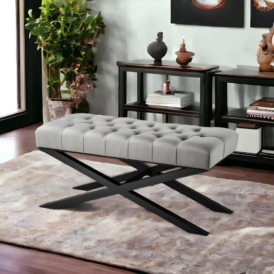 Cross Designer Black Ottoman Metal Bench with Grey Cushion