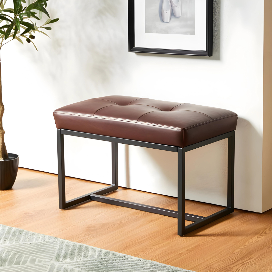 Mila Designer Black Ottoman Metal Bench with Brown Cushion