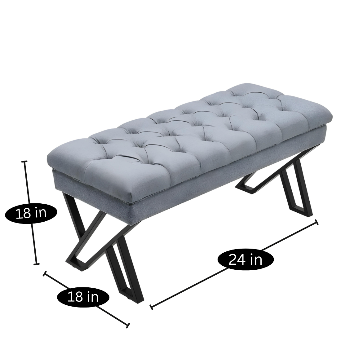 Quinn Designer Black Ottoman Metal Bench with Grey Cushion