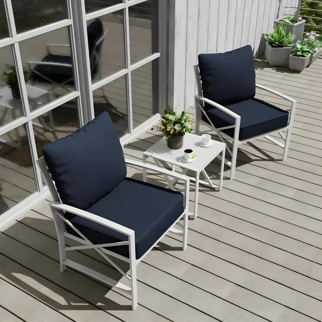 Cargo White Metal Chair with Blue Cushion