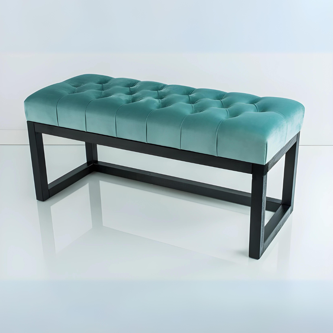 Wren Designer Black Ottoman Metal Bench with Blue Cushion