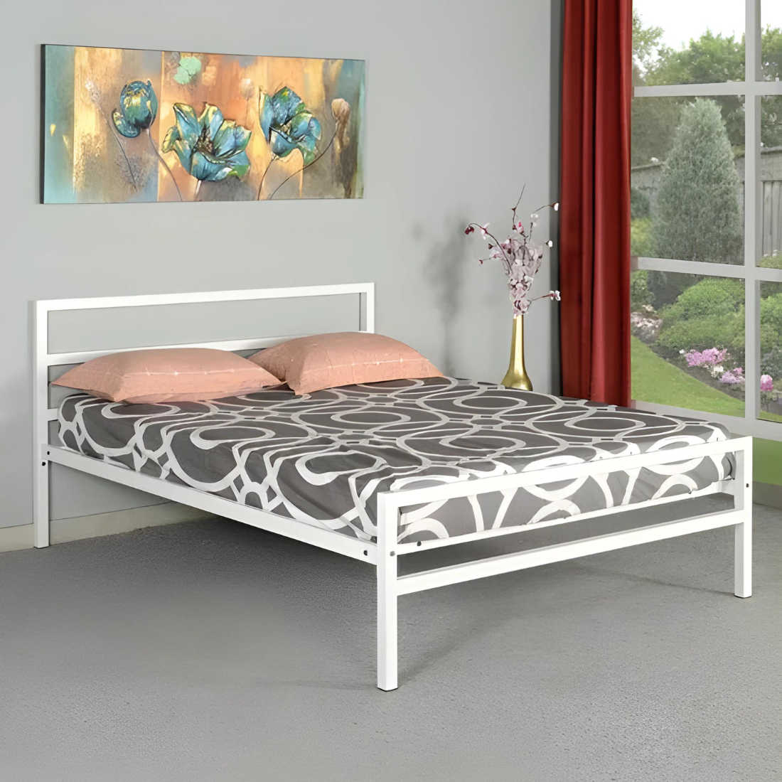 Cole Without Storage Metal Bed with Designer Headrest (Color - White)