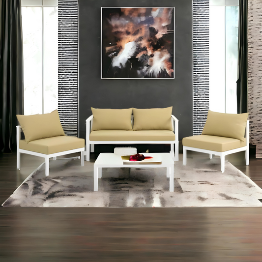 White Carter 2+1+1 Sofa Set with Camel Cushion - 4 Seater Sofa Set with Table