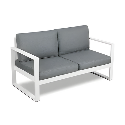 White Emery Two Seater Metal Sofa with Grey Cushion