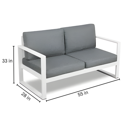 White Emery Two Seater Metal Sofa with Grey Cushion