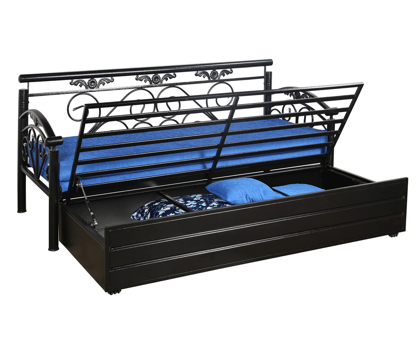 Black Sofia Hydraulic Storage Metal Sofa Bed with Mattress & Pillow (Color - Sky Blue)