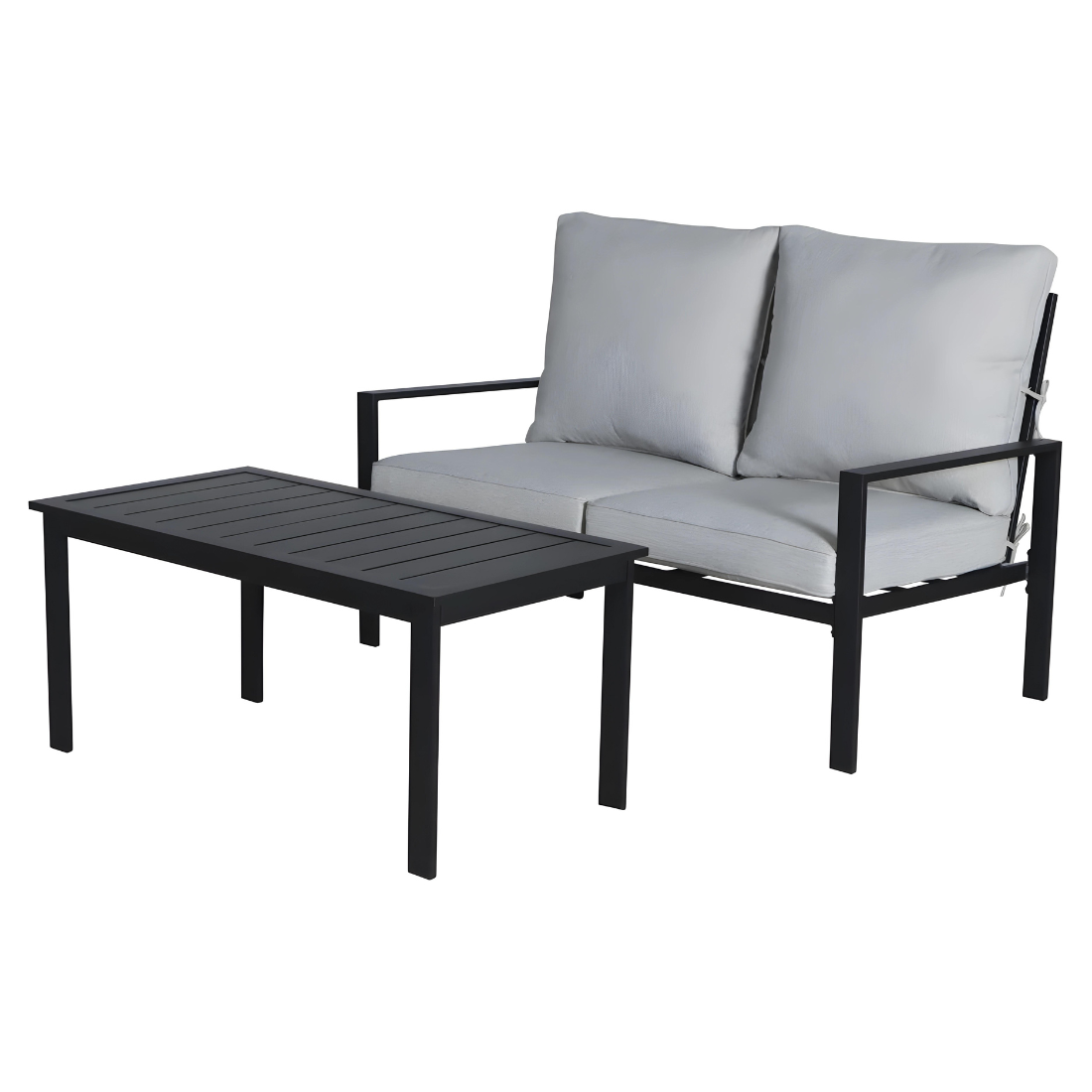 Black Thea Two Seater Metal Sofa with White Cushion and Metal Table