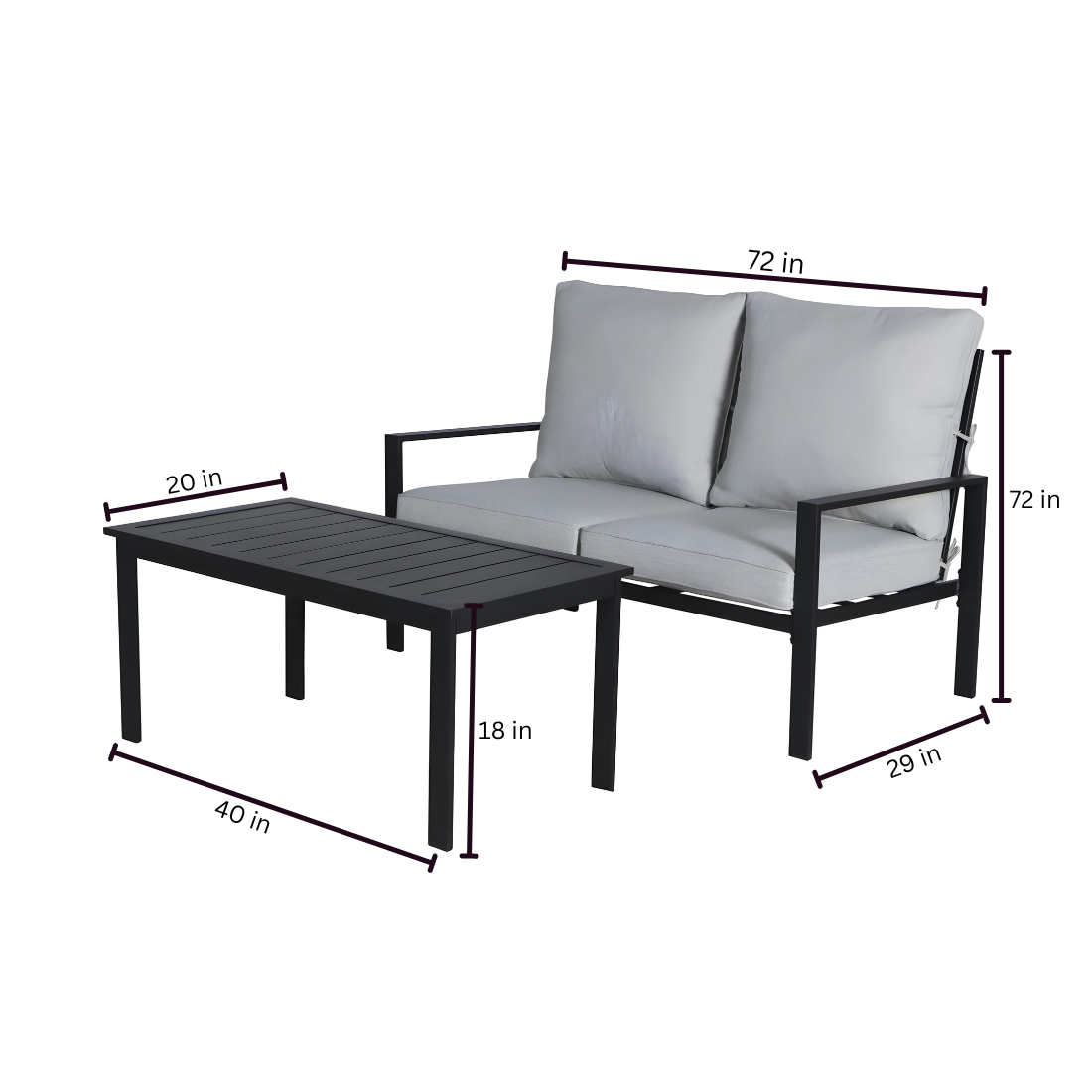 Black Thea Two Seater Metal Sofa with White Cushion and Metal Table