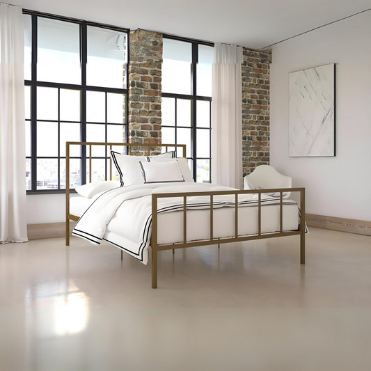 Aarya Without Storage Metal Bed with Designer Headrest (Color - Golden)