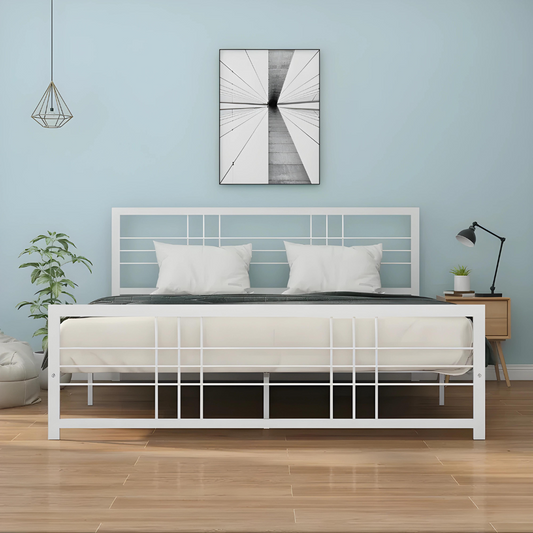 Abraham Without Storage Metal Bed with Designer Headrest (Color - White)