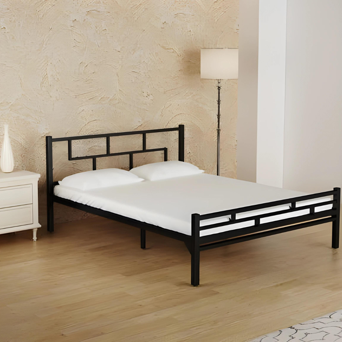 Aeron Without Storage Metal Bed with Designer Headrest (Color - Black)