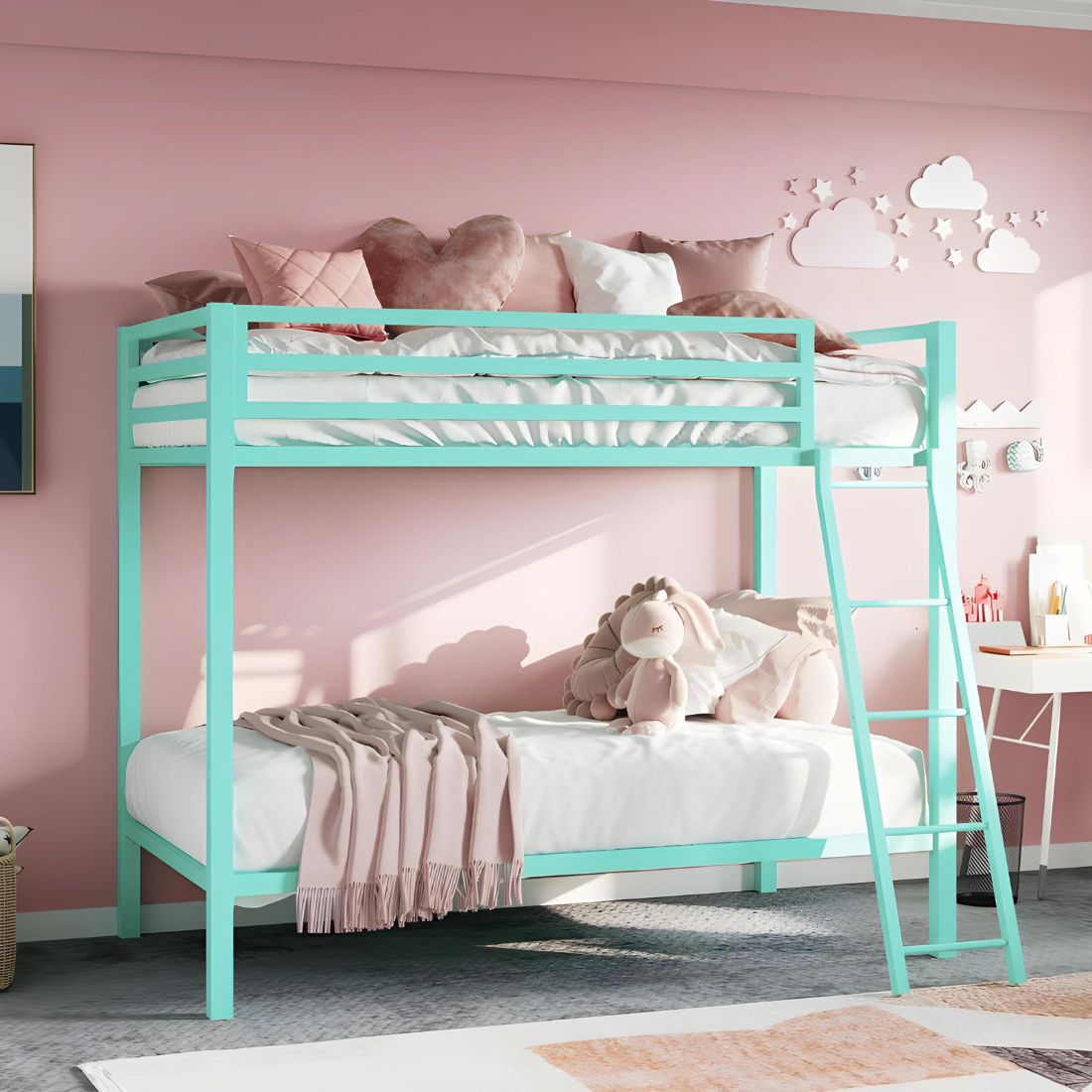 Ahmia Metal Bunk Bed in Sky Blue Colour - Space Saving Metal Bunk Bed