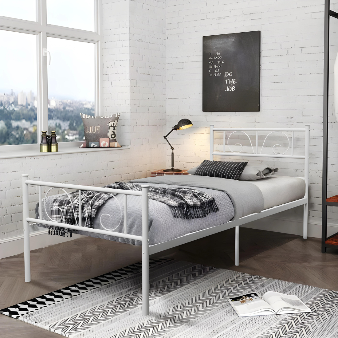 Museville Without Storage Metal Bed with Designer Headrest (Color - White)