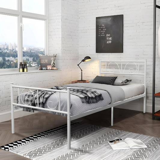 Museville Without Storage Metal Bed with Designer Headrest (Color - White)