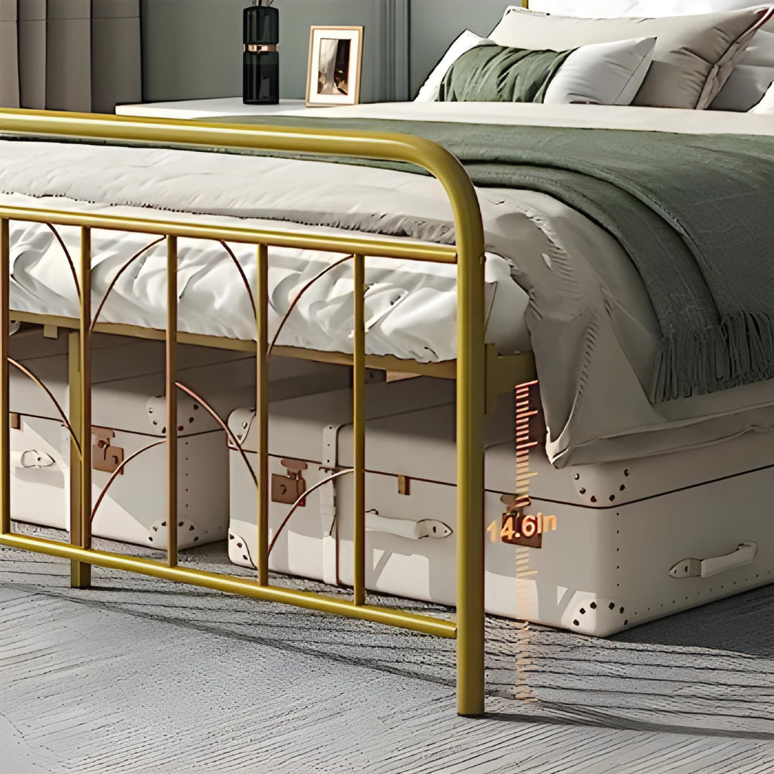 Florite Without Storage Metal Bed with Designer Headrest (Color - Golden)