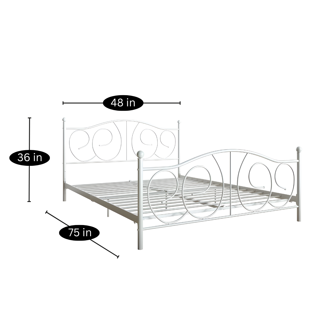 Roman Without Storage Metal Bed with Designer Headrest (Color - White)