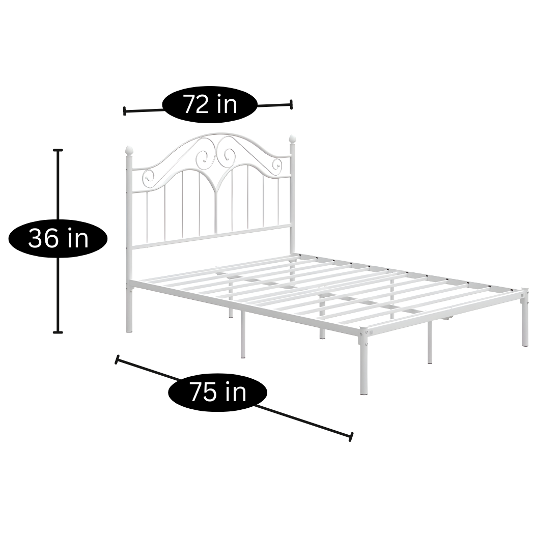 Miles Without Storage Metal Bed with Designer Headrest (Color - White)