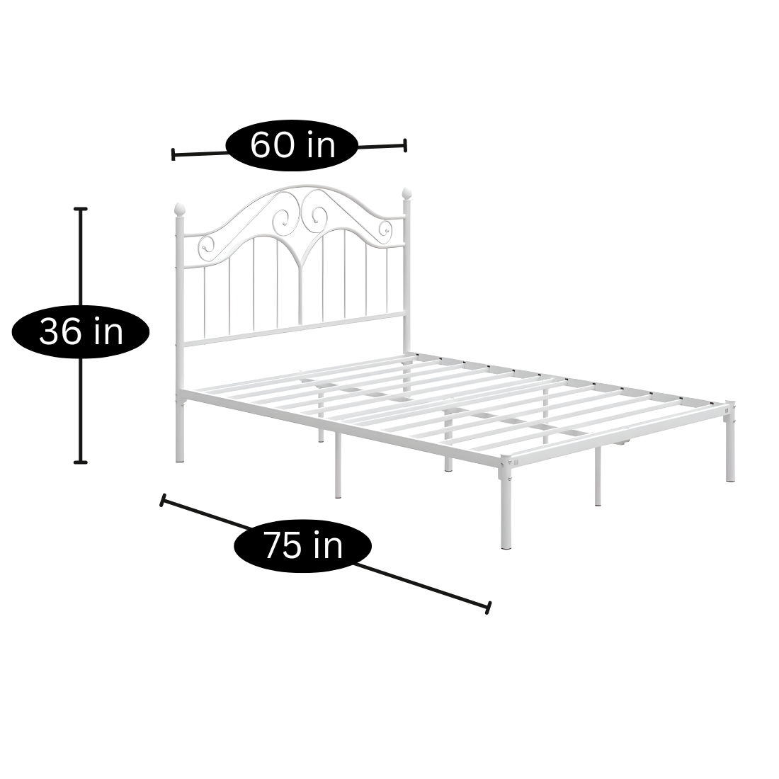 Miles Without Storage Metal Bed with Designer Headrest (Color - White)