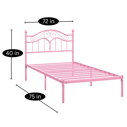 Miles Without Storage Metal Bed with Designer Headrest (Color - Pink)