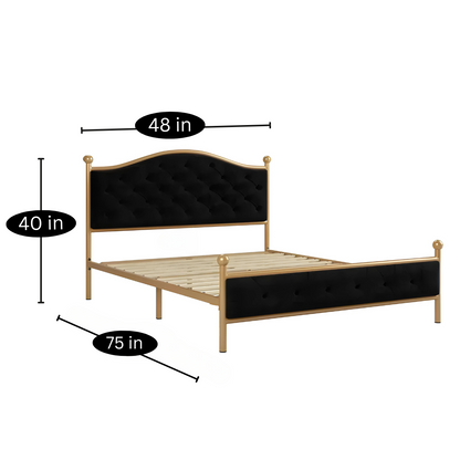 Adalyn Without Storage Metal Bed with Black Designer Cushion Headrest (Color - Golden)