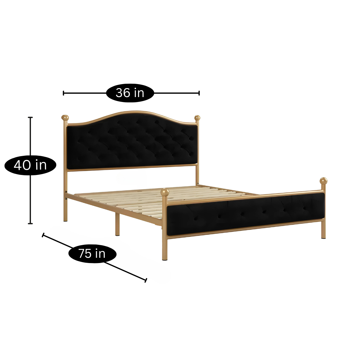 Adalyn Without Storage Metal Bed with Black Designer Cushion Headrest (Color - Golden)