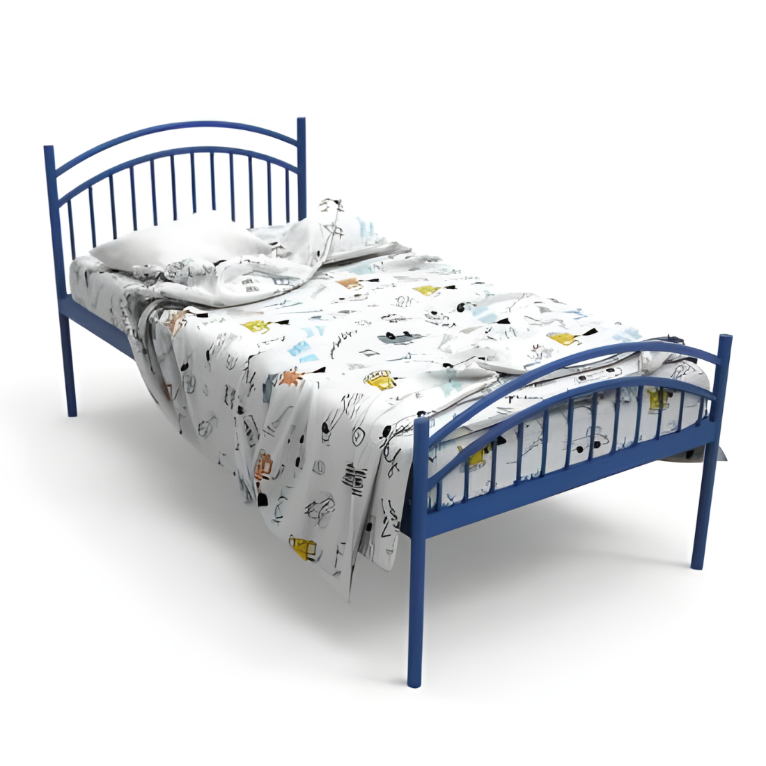 Liam Without Storage Metal Bed with Designer Headrest (Color - Blue)