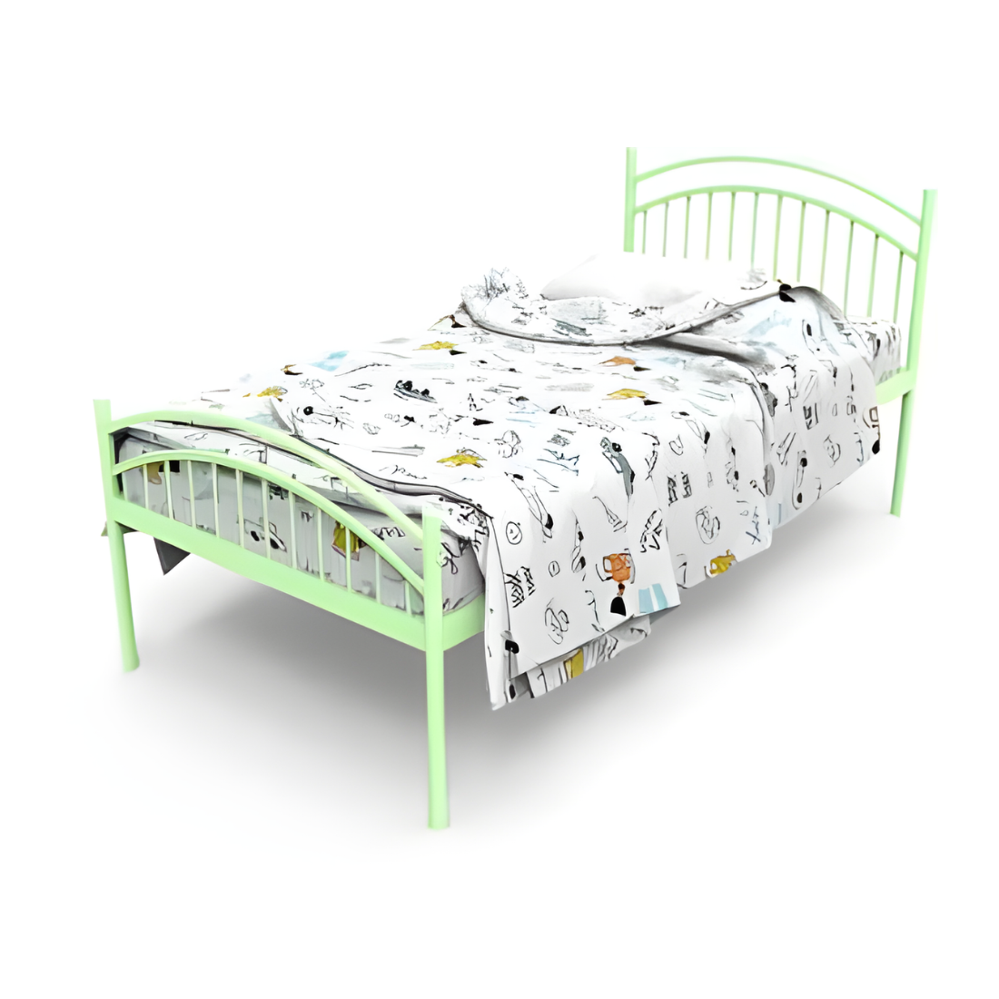 Liam Without Storage Metal Bed with Designer Headrest (Color - Green)