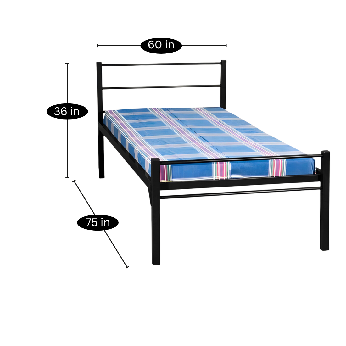 Elf Without Storage Metal Bed with Designer Headrest (Color - Black)