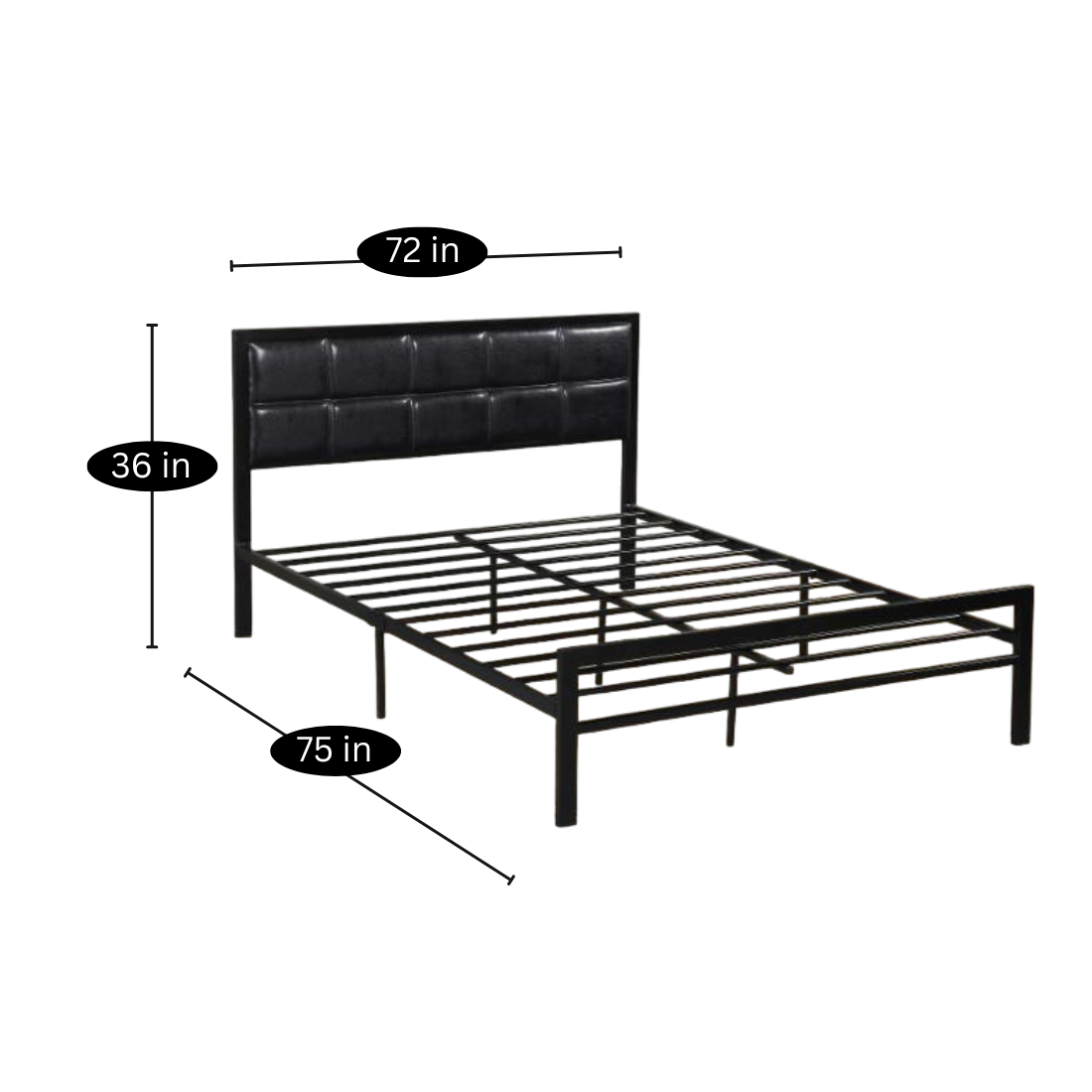 Millet Without Storage Metal Bed with Black Designer Cushion Headrest (Color - Black)