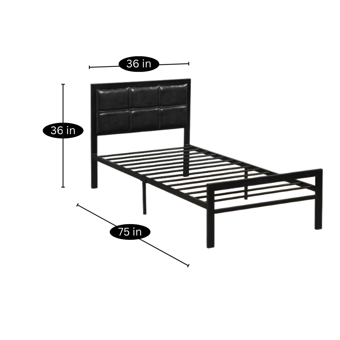 Millet Without Storage Metal Bed with Black Designer Cushion Headrest (Color - Black)