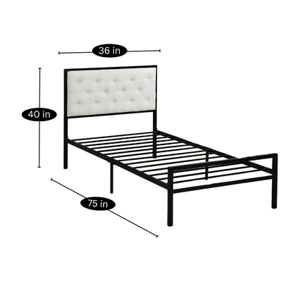 Millet Without Storage Metal Bed with White Designer Cushion Headrest (Color - Black)