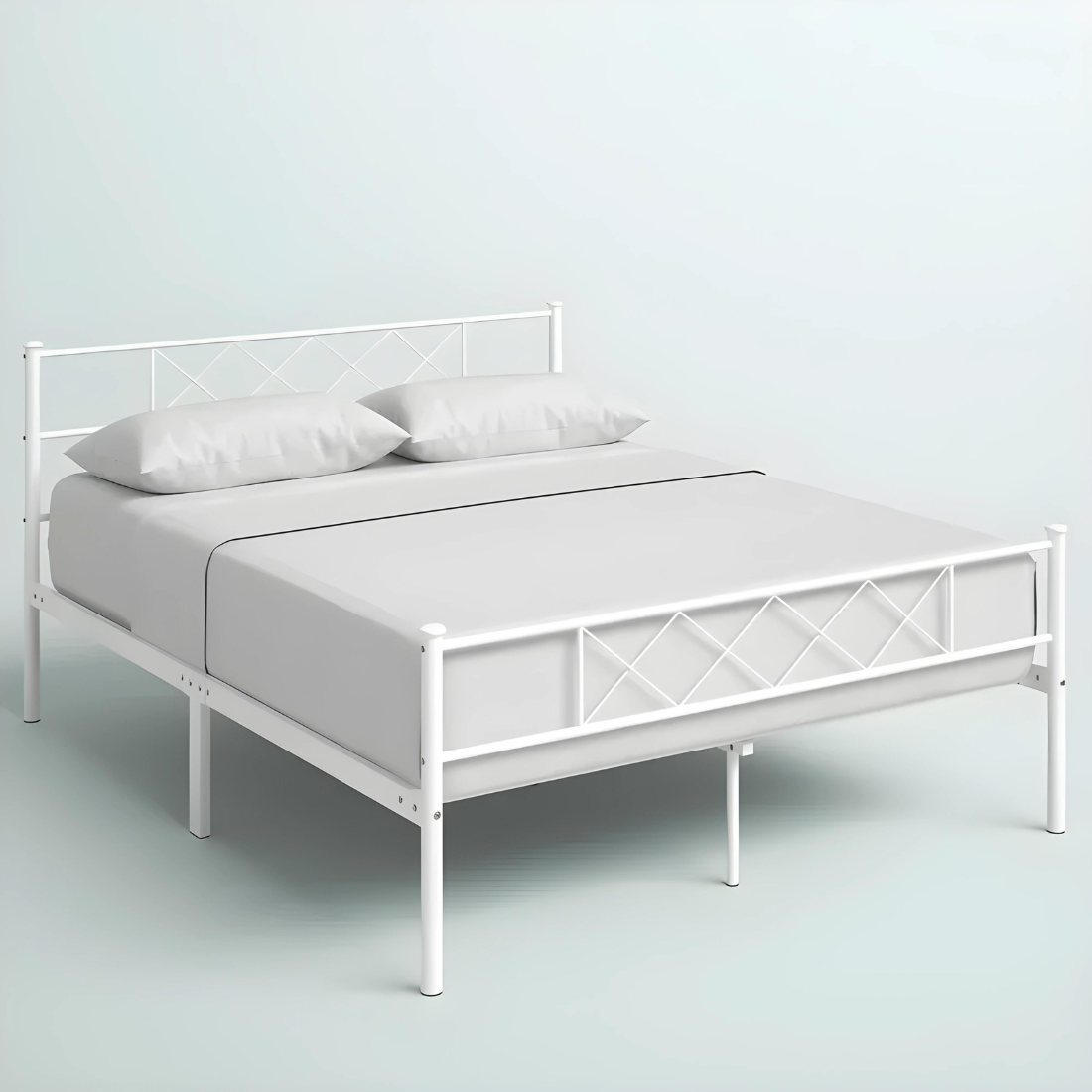 Colulombe Without Storage Metal Bed with Designer Headrest (Color - White)