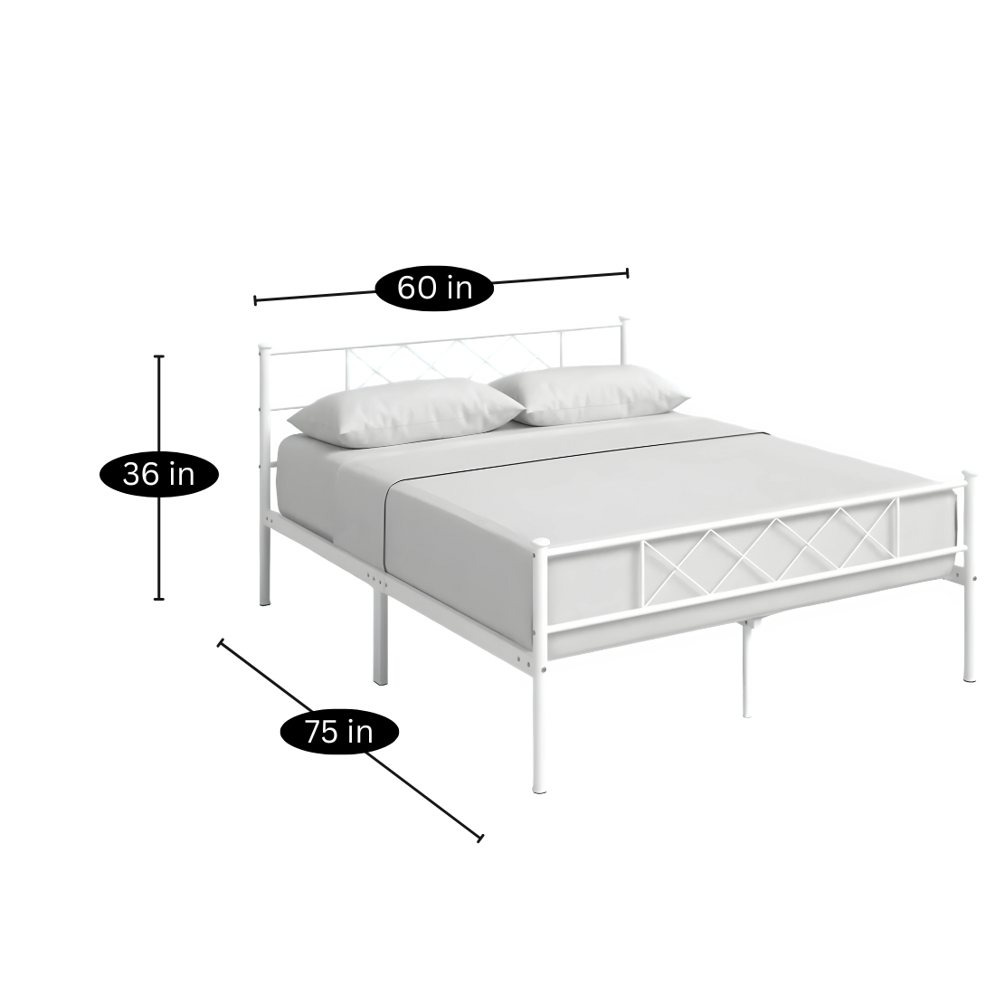 Colulombe Without Storage Metal Bed with Designer Headrest (Color - White)