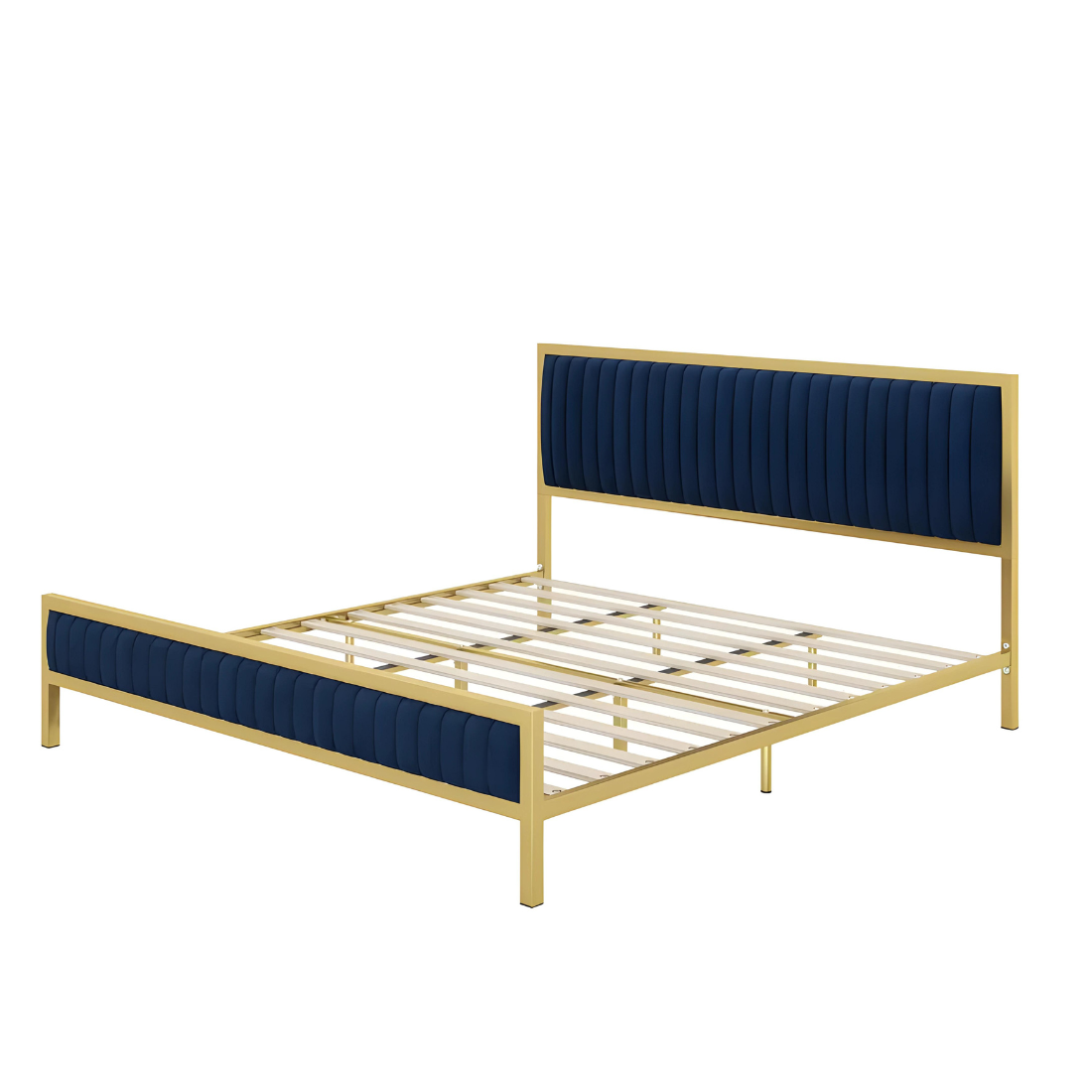 Cambridge Without Storage Metal Bed with Blue Designer Cushion Headrest (Color - Golden)