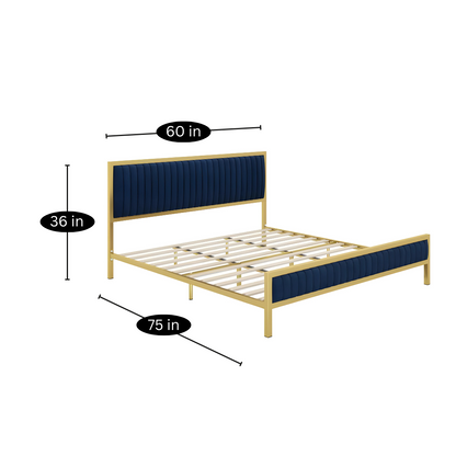 Cambridge Without Storage Metal Bed with Blue Designer Cushion Headrest (Color - Golden)