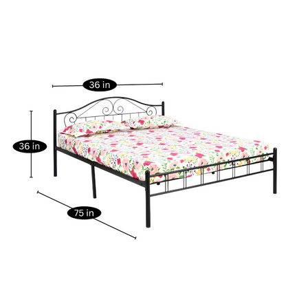 Morris Without Storage Metal Bed with Designer Headrest (Color - Black)