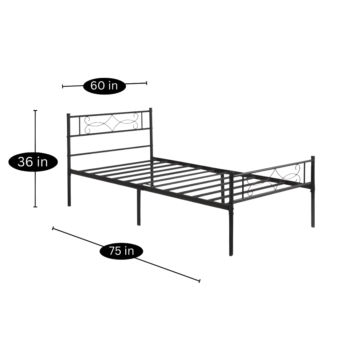 Medusa Without Storage Metal Bed with Designer Headrest (Color - Black)