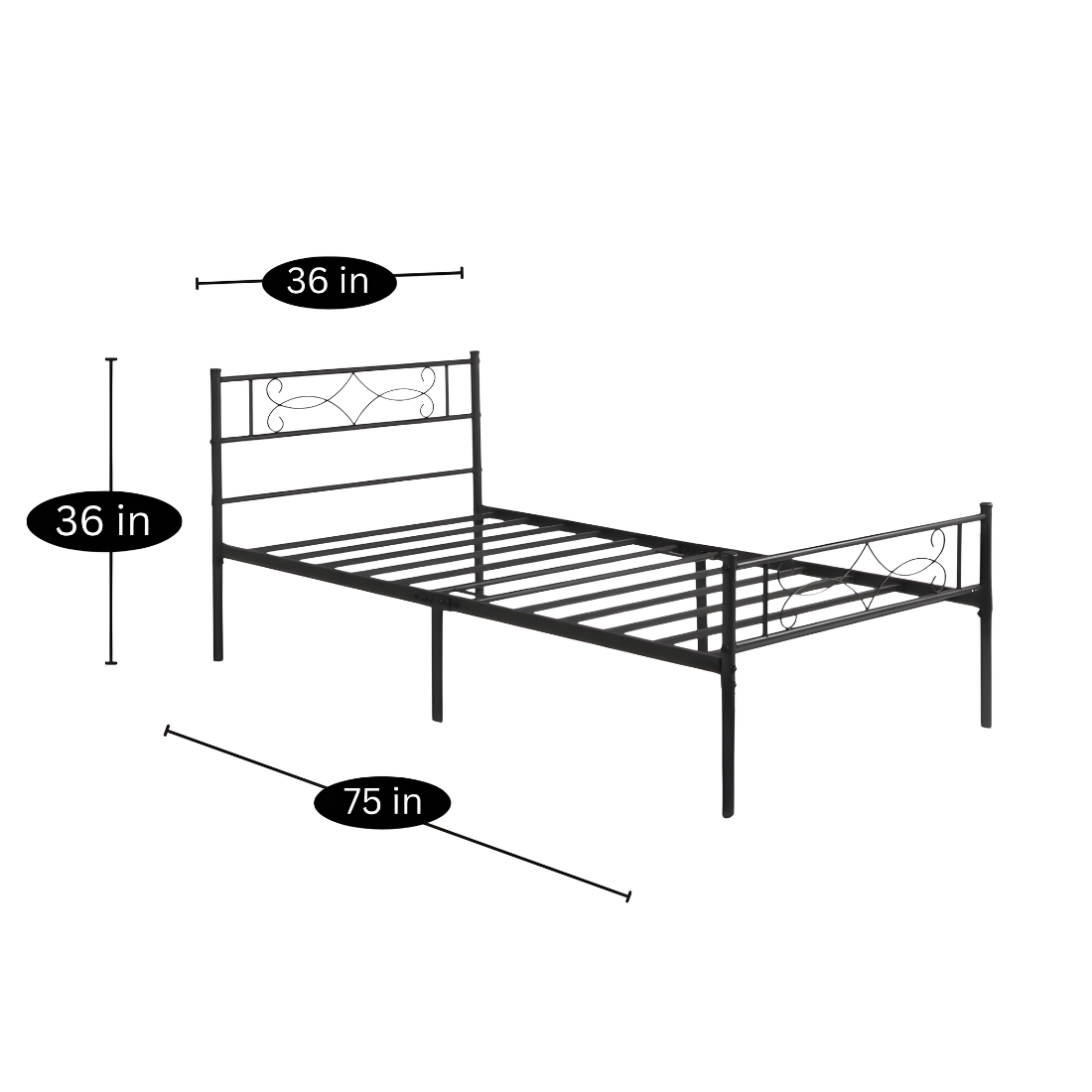 Medusa Without Storage Metal Bed with Designer Headrest (Color - Black)