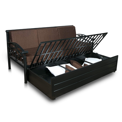 Black Sofia Hydraulic Storage Metal Sofa Cum Bed with Mattress & Pillow (Color - Brown)