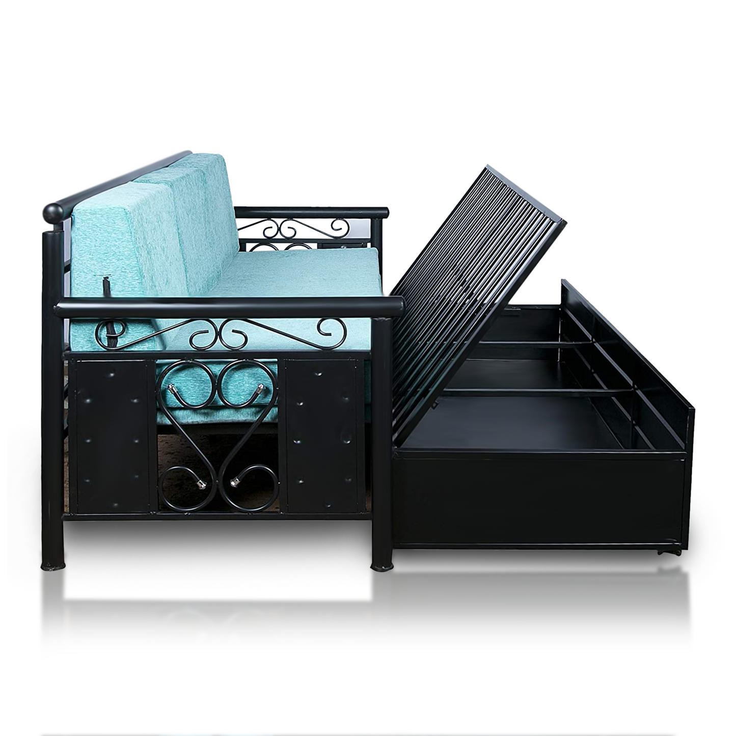 Black Crossandra Hydraulic Storage Metal Sofa Bed with Mattress & Pillow (Color - Sky Blue)