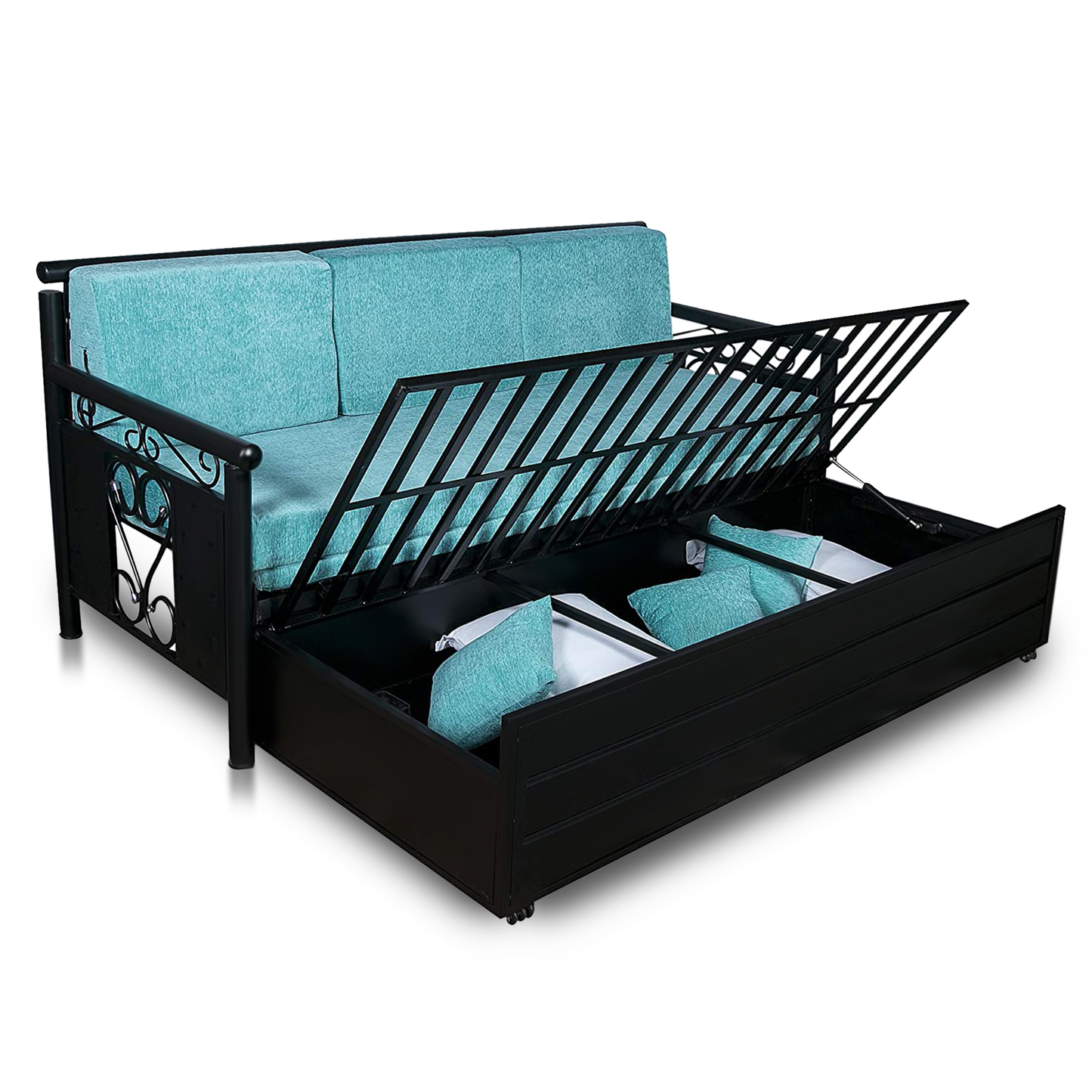 Black Crossandra Hydraulic Storage Metal Sofa Bed with Mattress & Pillow (Color - Sky Blue)