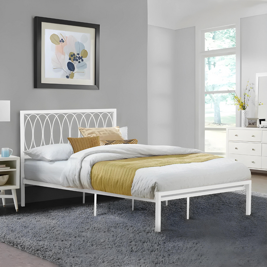 Beerus Without Storage Metal Bed with Designer Headrest (Color - White)