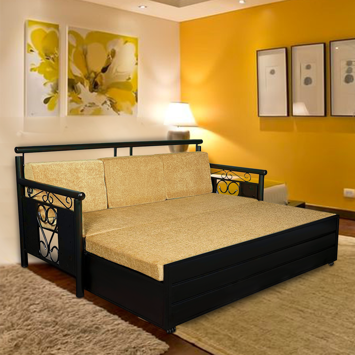Black Crossandra Hydraulic Storage Metal Sofa Bed with Mattress & Pillow (Color - Camel)