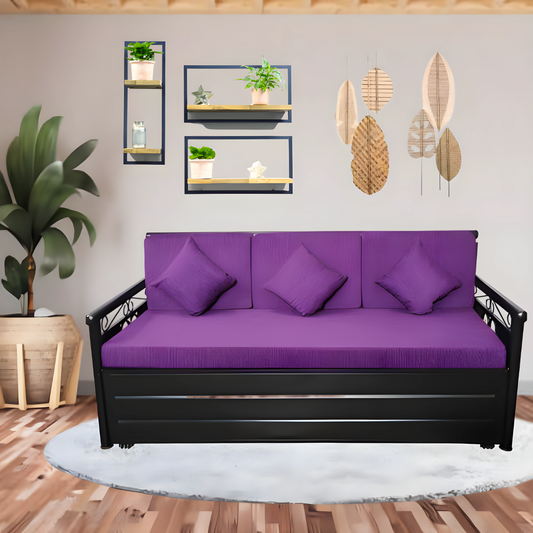 Black Crossandra Hydraulic Storage Metal Sofa Bed with Mattress & Pillow (Color - Purple)